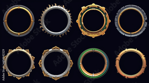 Game round interface frames. Cartoon UI circle game asset items, empty golden medieval silver textured borders for GUI design. Generative AI