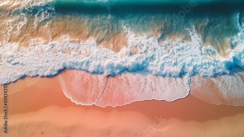 Sea or ocean surf waves backlground. Foamy ocean waves are rolling and coming up on a sand beach. Aerial top down shot Generative ai. 