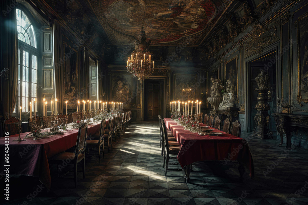 The grand hall was the scene of a royal banquet, with a long, polished table surrounded by velvet chairs. Generative AI