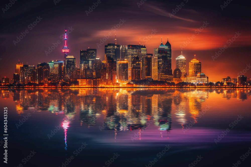 A vibrant city skyline on a clear summer evening. Generative AI