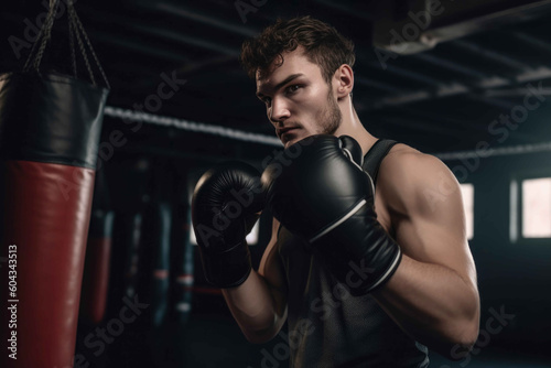 Athlete boxing in a gym. Generative AI © AIproduction