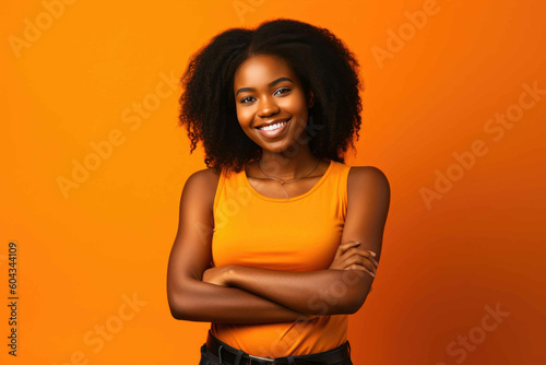 Young black woman wearing a tank top and jeans posing with arms crossed in front of an orange studio background. Generative AI