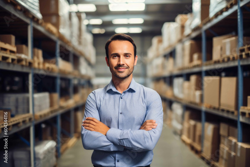 Smiling portrait of a male supervisor standing in warehouse with his arm crossed looking at camera. Generative AI