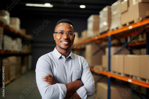 Smiling portrait of a male supervisor standing in warehouse with his arm crossed looking at camera. Generative AI © AIproduction