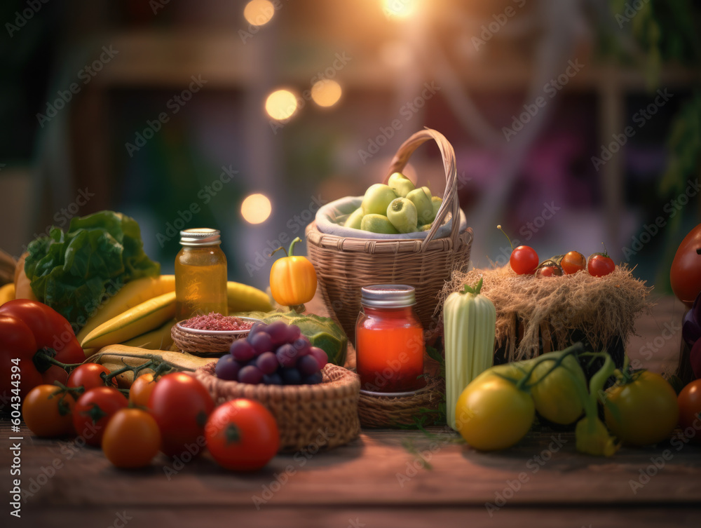 Fresh fruit and vegetable spread in baskets with Bokeh background, Generative AI Fresh fruit and vegetable spread in baskets with Bokeh background, Generative AI