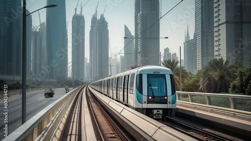 Metro railway among among glass skyscrapers in city. Future concept, Cityscape skyline. Urban background. Generative AI