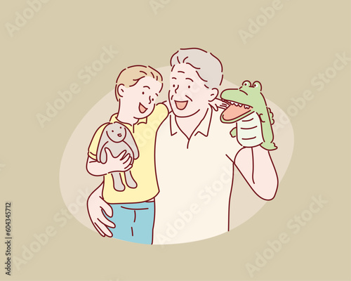 grandfather playing toy doll with their grandson. Hand drawn style vector design illustrations.
