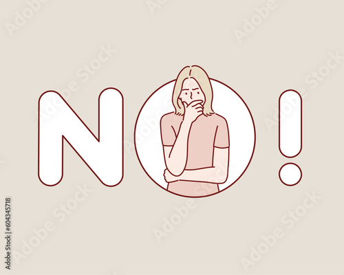 Angry woman and word NO. Hand drawn style vector design illustrations.