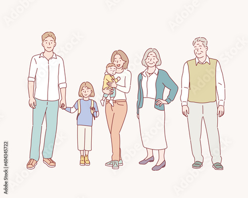 Happy big family standing together flat vector illustration. Grandma, grandpa, mom, dad, children. Hand drawn style vector design illustrations.