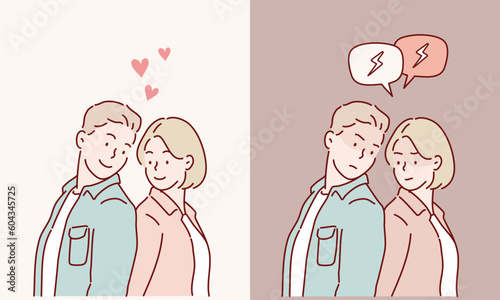 Upset young couple. Happy young couple. Hand drawn style vector design illustrations.