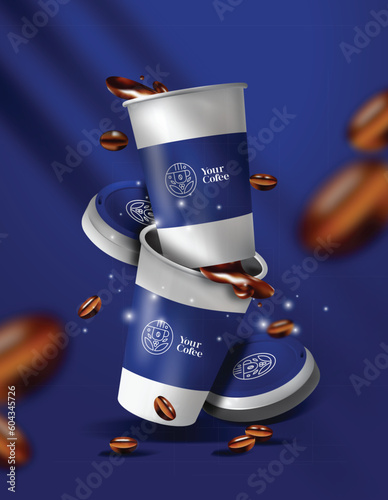 3d black coffee cup with coffee beans