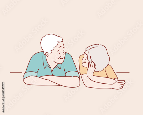  Happy old couple lies on the floor.  Hand drawn style vector design illustrations.