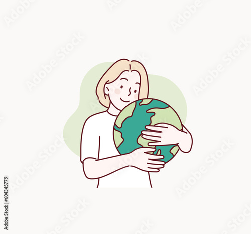Save the planet. Woman holding planet symbol. Girl hugging globe. Hand drawn style vector design illustrations.