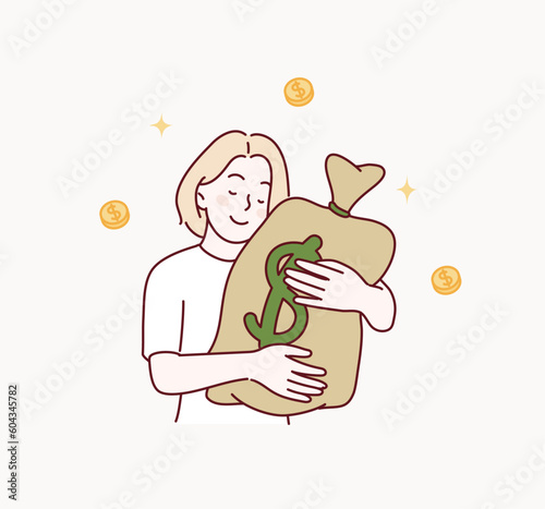 woman hugging big bag with money. Hand drawn style vector design illustrations.
