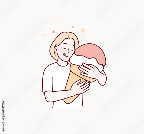 woman hugging a ice cream. Hand drawn style vector design illustrations.