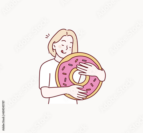woman hugging a doughnut. Hand drawn style vector design illustrations.