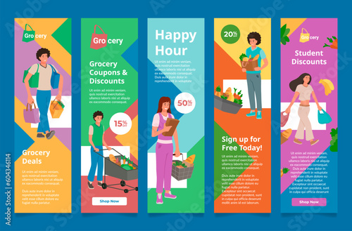 Weekly grocery coupon discount digital voucher special offer poster flyer landing page set vector