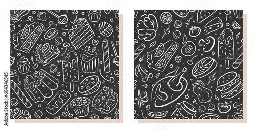 Sweets and food seamless vector pattern set.