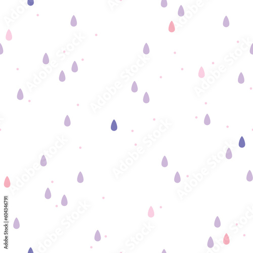 Seamless vector pattern with fun raindrops. Scandi theme design. Cute hand drawn background for kids room decor, nursery art, apparel, packaging, wrapping paper, textile, fabric, wallpaper, gift.