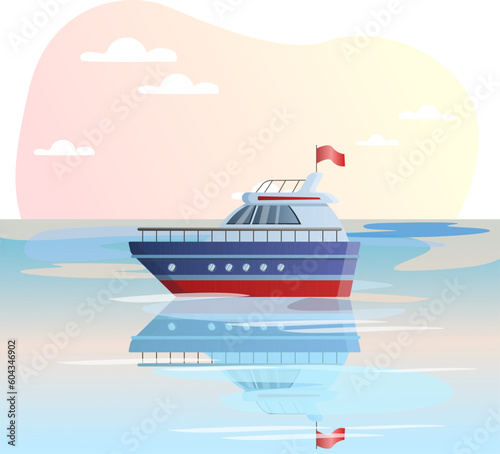 Ship illustration. Ship, flag, water, deck. Editable vector graphic design.