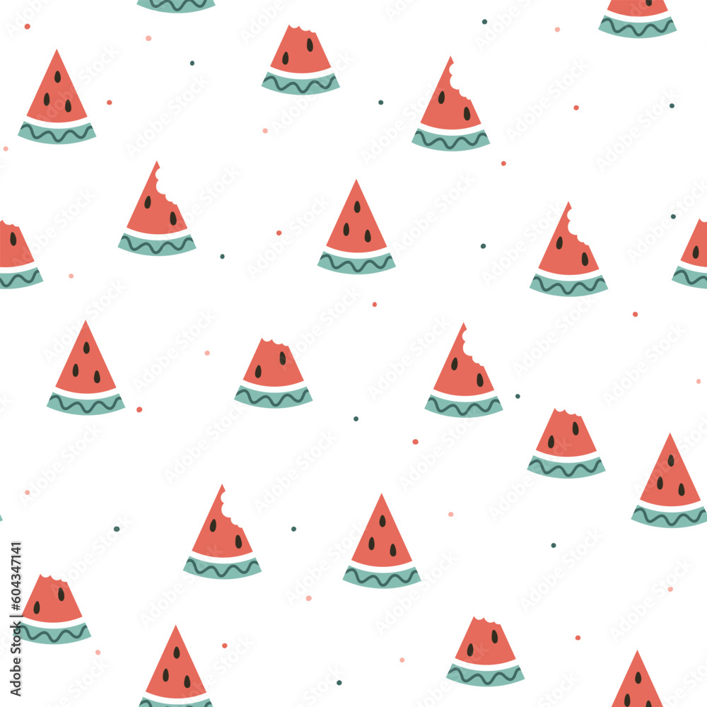 Stylized watermelon slices seamless vector pattern. Simple fruity texture. Cute hand drawn summer background for design wrapping paper, textile, card, gift, fabric, wallpaper, packaging, apparel. Stylized watermelon slices seamless vector pattern. Simple fruity texture. Cute hand drawn summer background for design wrapping paper, textile, card, gift, fabric, wallpaper, packaging, apparel.