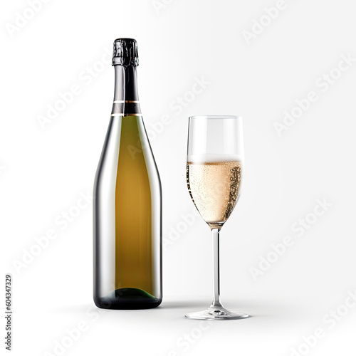 A sophisticated glass of prosecco wine with a bottle  isolated on a white background  created by Generative AI