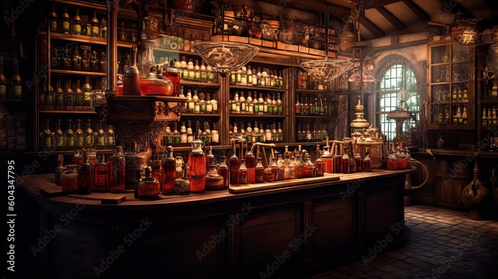 A traditional bar with age-old bottles and drinks, reflecting the charm of the past. Generative AI.