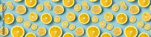 Creative food summer citrus fruits banner panorama wallpaper  seamless pattern texture - Top view of many fresh lemon slices  isolated on blue background  Generative Ai 