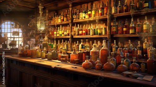 A traditional bar with age-old bottles and drinks, reflecting the charm of the past. Generative AI.