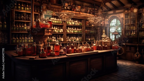 A traditional bar with age-old bottles and drinks, reflecting the charm of the past. Generative AI. © Sebastián Hernández