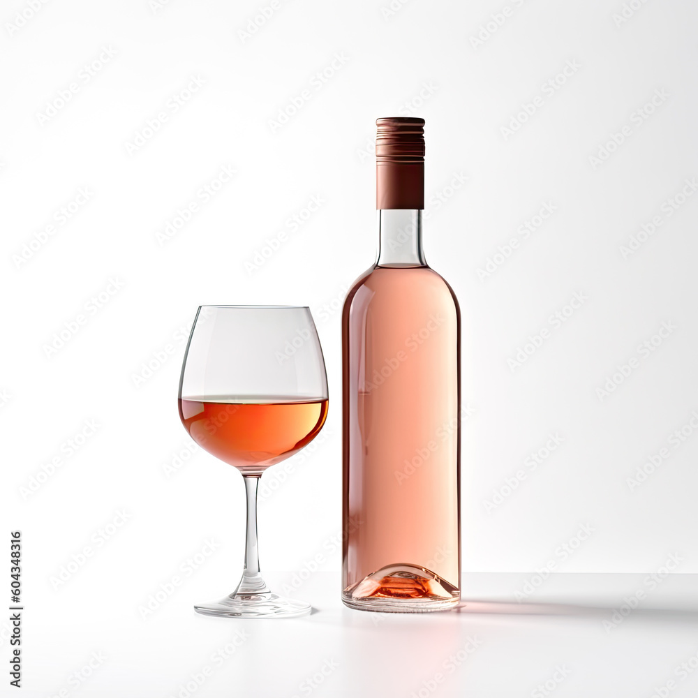 A sophisticated glass of rose wine with a bottle, isolated on a white background, created by Generative AI A sophisticated glass of rose wine with a bottle, isolated on a white background, created by Generative AI