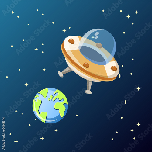 UFO illustration. Space, stars, spaceship, earth. Editable vector graphic design.