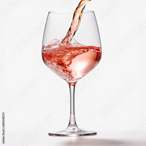 A sophisticated glass of rose wine pouring from a bottle, isolated on a white background, created by Generative AI