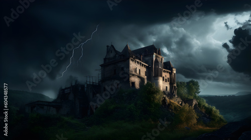 view of old creepy castle during storm  generative ai