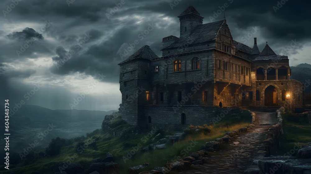 view of old creepy castle during storm ,generative ai