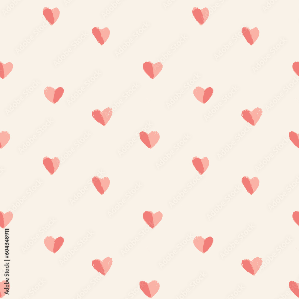 Seamless cute heart pattern of two coloured hearts with sketched texture, all pink and rosy. Great for Valentine's day merchandise, wallpaper, stationery, baby clothing, cute fashion accessories 