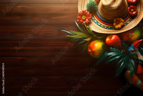 Cinco de Mayo holiday background. Mexican party sombrero hat and flowers on a wooden background. Generative AI illustration