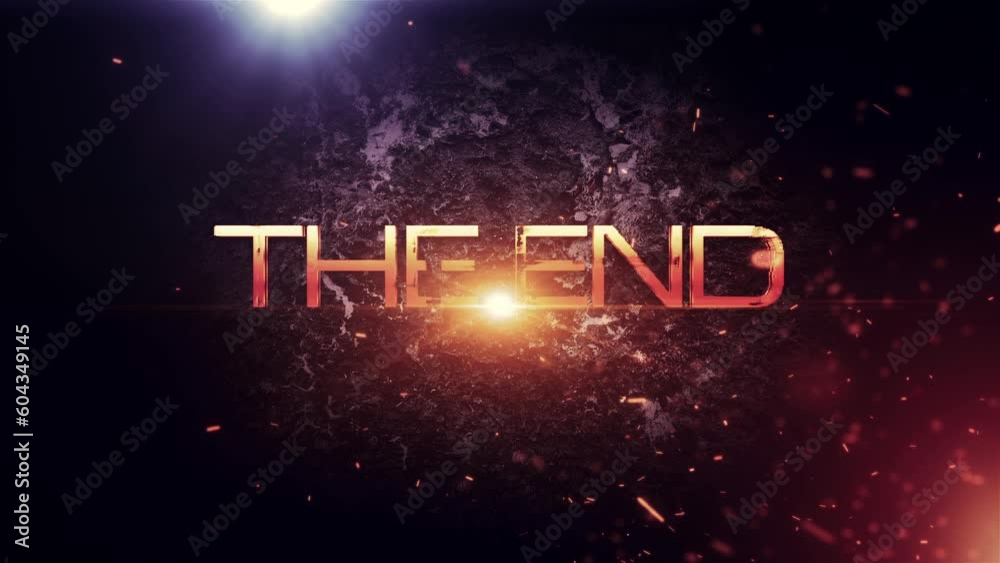 The End gold text motion flare effect grunge futuristic hitech cinematic trailer title background with fire burst and gold particles animation abstract background