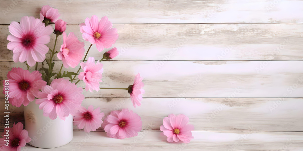 Flowers composition for Valentines, Mothers or Womens Day. Pink flowers on old white wooden background. Place for your text, copy space, empty space, Generative AI Flowers composition for Valentines, Mothers or Womens Day. Pink flowers on old white wooden background. Place for your text, copy space, empty space, Generative AI