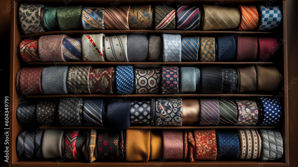a tie collection, carefully arranged in a drawer. generative AI a tie collection, carefully arranged in a drawer. generative AI