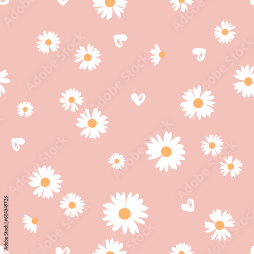 Seamless pattern with daisy flower with hand drawn hearts on pink background vector.