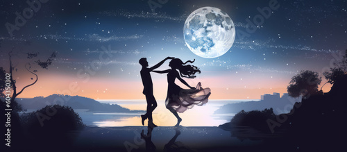 Moonlight Serenade: Romantic Silhouette of a Couple Dancing in the Luminous Night. Generative AI. photo