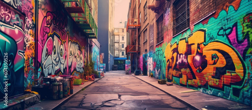 An urban streetscape spraypainted with graffiti. Inner city environment. Grungy alley. Generative AI. photo