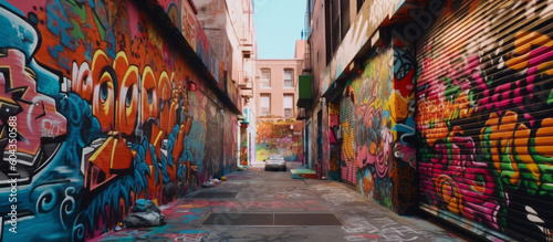 An urban streetscape spraypainted with graffiti. Inner city environment. Grungy alley. Generative AI.
