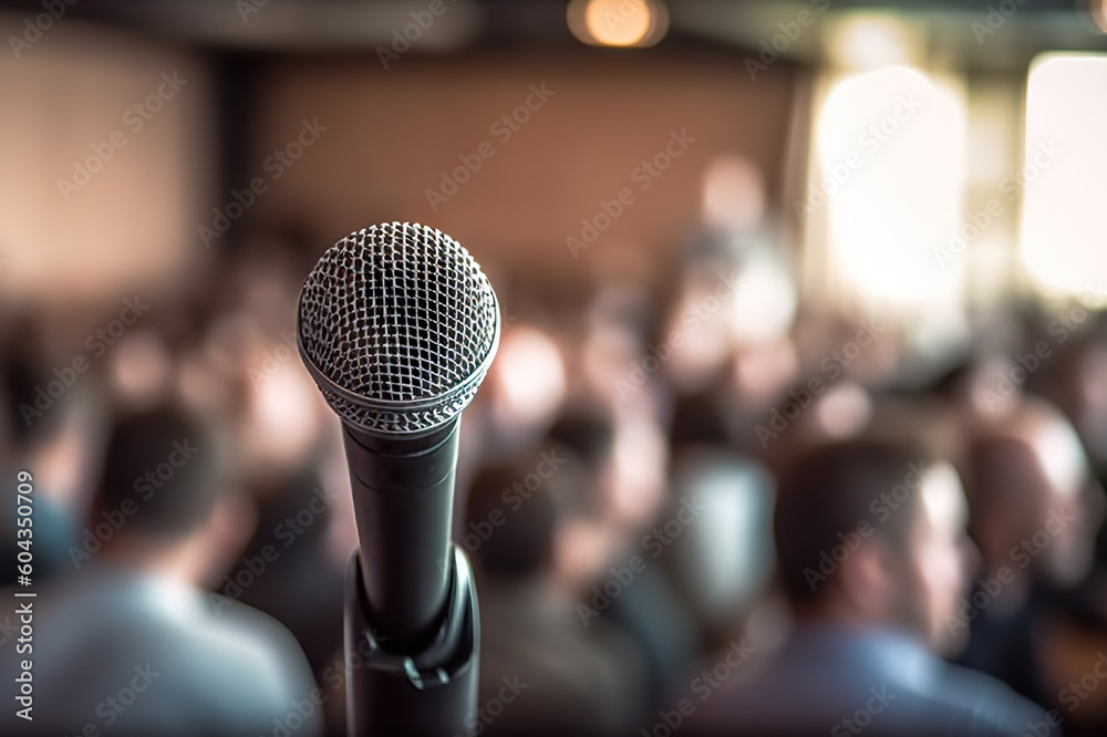 A Microphone in Front of a Conference Seminar Audience. created with Generative AI A Microphone in Front of a Conference Seminar Audience. created with Generative AI