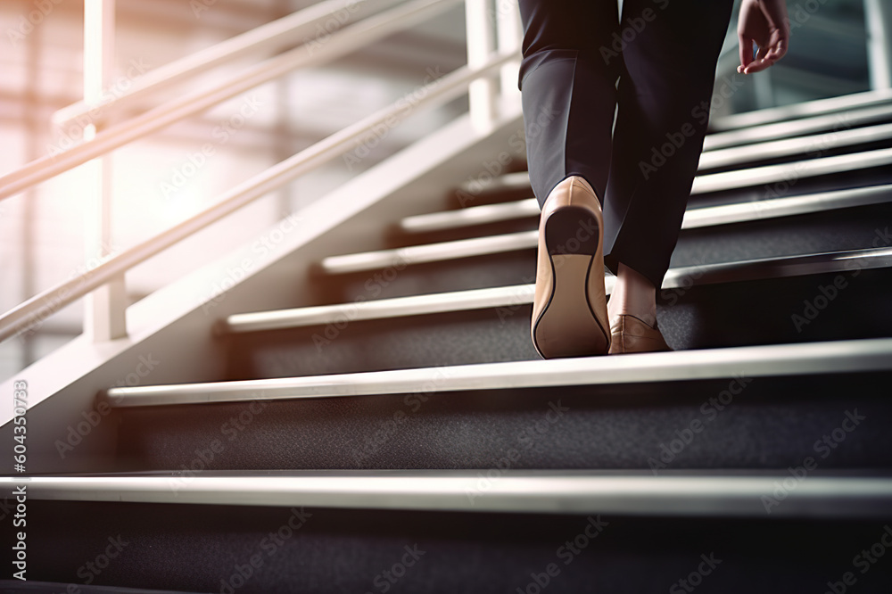Close-Up of Business Woman's Feet Climbing Stairs to Achieve Goals. created with Generative AI