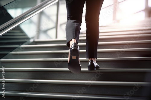 Close-Up of Business Woman's Feet Climbing Stairs to Achieve Goals. created with Generative AI