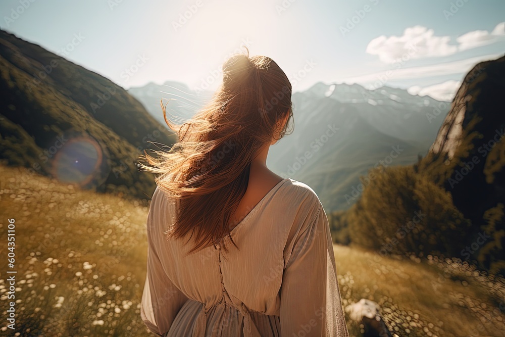 A woman looks at the mountains from the observation deck, back view. Generative AI