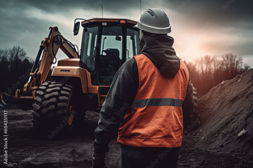 The builder is wearing a protective helmet and stands and watch the work of the loader, rear view on the head. Generative AI The builder is wearing a protective helmet and stands and watch the work of the loader, rear view on the head. Generative AI