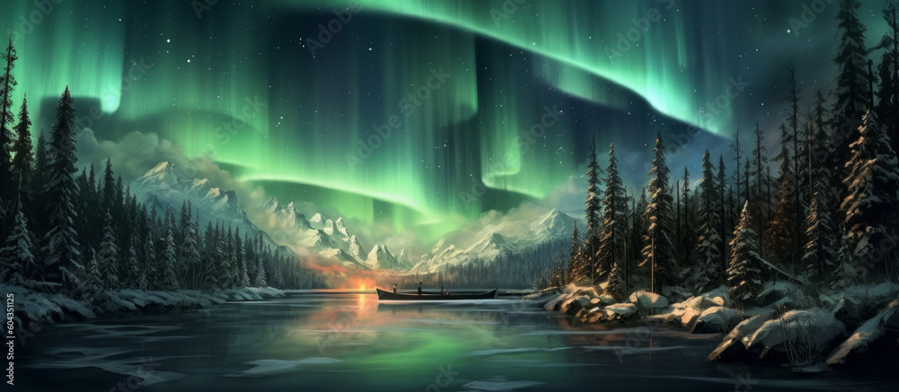 Aurora Borealis Spectacle: Mesmerizing Landscape Illuminated by the Radiant Northern Lights. Generative AI.